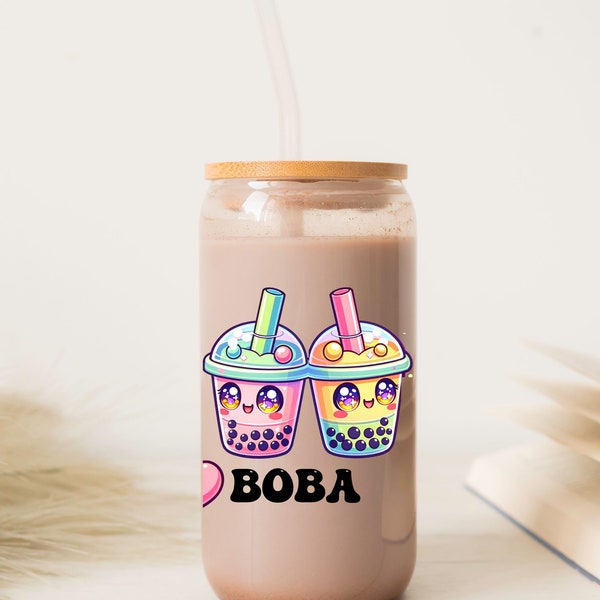 Glass Tumbler Coffee Cup Boba, Iced Coffee Glass Peace Love Boba Glass Can With Lid Straw, Boba Lover Gift, Custom Beer Can, Party Favor Cup