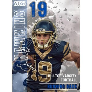 May include: A football player wearing a blue and gold uniform with the number 19 on the front and back. The player is wearing a helmet and is running with the ball. The background is a blurred image of a football field. The text "Hilltop Varsity Football" and "Running Back" is visible at the bottom of the image.