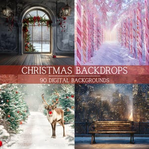 Könnte beinhalten: Ein Set mit 90 digitalen Weihnachtshintergründen mit verschiedenen Winterszenen, darunter ein verschneiter Wald mit Zuckerstangenbäumen, eine Skyline einer Stadt mit Schneefall und ein Rentier, das auf einem schneebedeckten Weg steht.