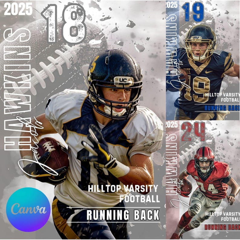 May include: A collage of three football player portraits with the text "2025 HAWKINS" and "HILLTOP VARSITY FOOTBALL RUNNING BACK" on a grey background.