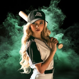 May include: A woman wearing a black baseball cap with a white snake logo and a white and black baseball jersey holds a wooden baseball bat in front of a green smoke background.