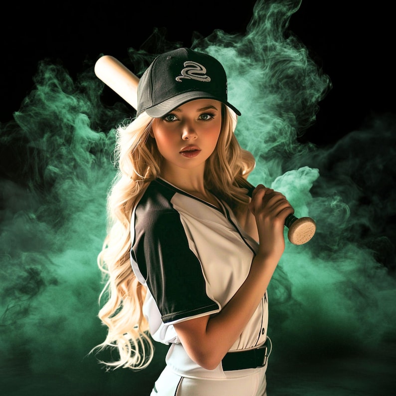 May include: A woman wearing a black baseball cap with a white snake logo and a white and black baseball jersey holds a wooden baseball bat in front of a green smoke background.