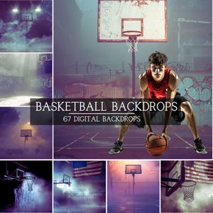 May include: A collection of 67 digital basketball backdrops. The backdrops feature various basketball court settings, including outdoor courts with graffiti, indoor courts with spotlights, and courts with American flags. The backdrops are ideal for use in photo editing and graphic design.