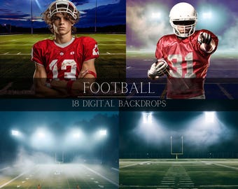 May include: A set of 18 digital football field backdrops. The backdrops feature a green field with white yard lines, a goal post, and stadium lights. Some backdrops have fog or smoke effects.