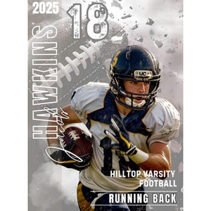 May include: A football player wearing a white and blue jersey with the number 18 on it, runs with the ball. The text "Hilltop Varsity Football Running Back" is at the bottom of the image. The year 2025 is at the top of the image.