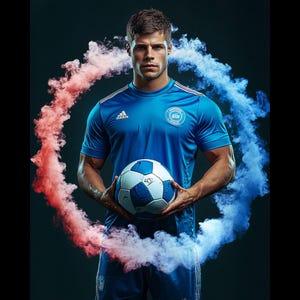 May include: A soccer player in a blue jersey with white accents and the word "adidas" on the chest holds a soccer ball in front of a red and blue smoke background.