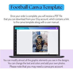 May include: A laptop screen displaying a Canva template for a football team. The template features a player in a blue and white uniform with the text "2020" and "19" on the top. The text "HAWKINS" is on the left side of the template. The text "HILLTOP VARSITY FOOTBALL" is on the bottom of the template.