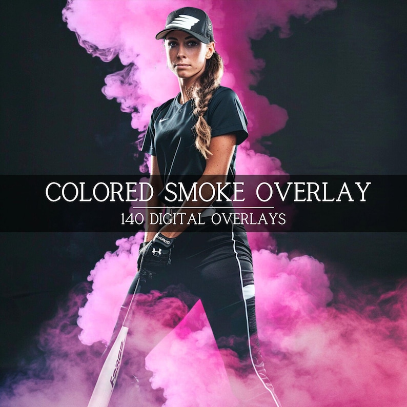 May include: A woman wearing a black baseball cap and black clothing stands in front of a pink smoke cloud. The text "COLORED SMOKE OVERLAY" and "140 DIGITAL OVERLAYS" is displayed on a black banner.