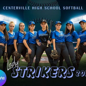 Szablony plakatów Canva Softball, szablony fotografii sportowej, tło PSD, banery na wieczór seniorów, plakat drużyny Stadium Lights Softball