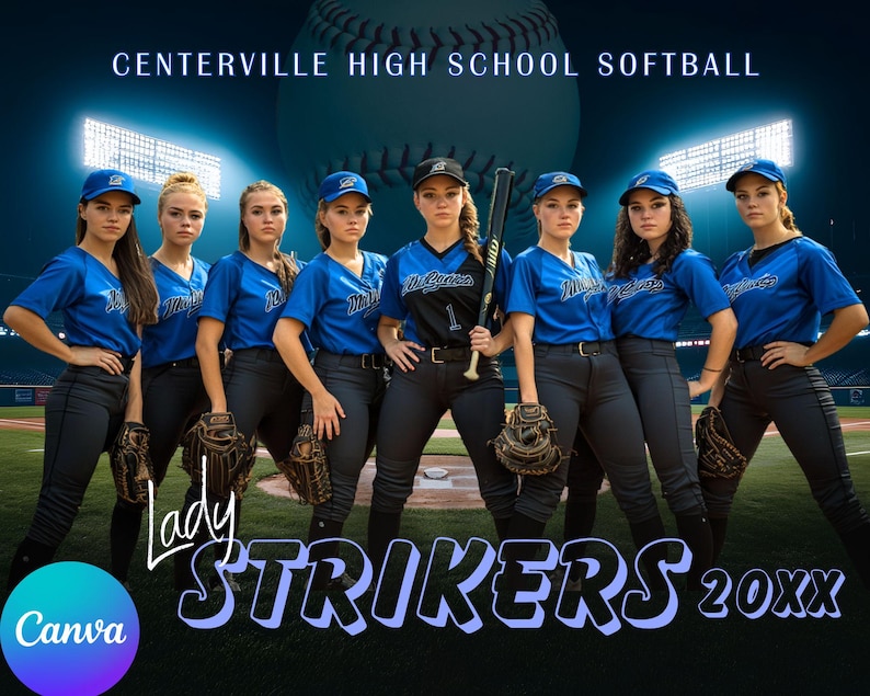 May include: A group of female softball players wearing blue and black uniforms with the text "Lady Strikers 20XX" on the field. The team is posing for a photo in front of a softball field with a baseball in the background. The text "Centerville High School Softball" is at the top of the image.