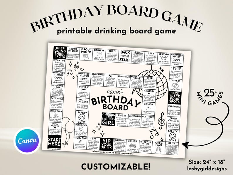 Birthday Board Game Printable Drinking Board Game Birthday Party Games ...