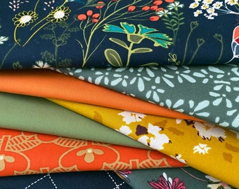 Boho Floral Quilt Bundle | Gold Navy Green Floral Fabrics | Indie Folk by Pat Bravol | Deep Rich Fat Quarters | Half Yard Bundle | AGF