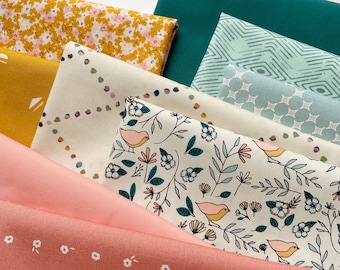 Ginger Meadow Curated Bundle | Gold Jade Blue |  Warm Cool Colors | Quilt Fabrics with Birds | Various Art Gallery Fabrics and Designers