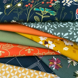 Boho Floral Quilt Bundle | Gold Navy Green Floral Fabrics | Indie Folk by Pat Bravol | Deep Rich Fat Quarters | Half Yard Bundle | AGF