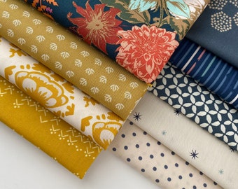 Midnight Sun Curated Bundle | Gold Navy Blue |  Modern Floral Fabrics | Various Art Gallery Fabrics and Designers