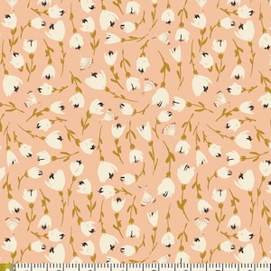 May include: A seamless pattern featuring delicate white flowers with gold stems on a peach background. The pattern is perfect for fabric, wallpaper, or other craft projects.