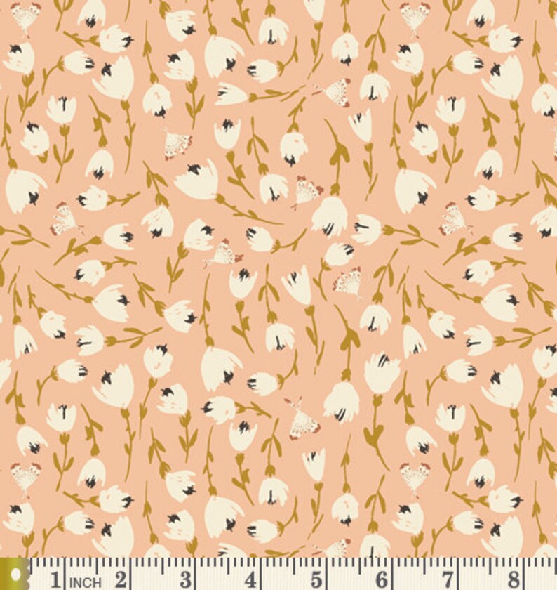 May include: A seamless pattern featuring delicate white flowers with gold stems on a peach background. The pattern is perfect for fabric, wallpaper, or other craft projects.