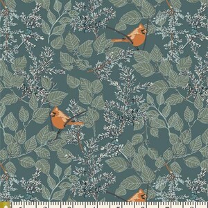 May include: A fabric with a teal background featuring a repeating pattern of leaves, branches, and orange birds. The leaves are in shades of green and white, with small blue berries. The pattern repeats across the fabric, with a ruler showing inches.