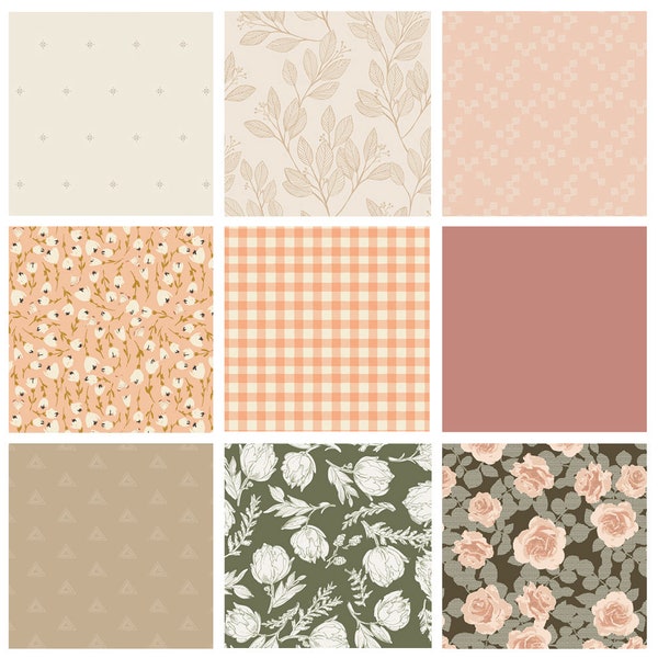 A Rose is a Rose Curated Bundle | Peach Tan Sage | Earthy Colors | Quilt Fabrics with Flowers | Various Art Gallery Fabrics and Designers