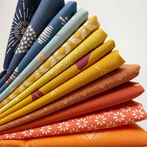Sunset Walk Custom Quilt Bundle | Blue Gold Rust Floral Fabrics | Deep Rich Earthy Colors | Half Yard Bundle | Various Art Gallery Designers