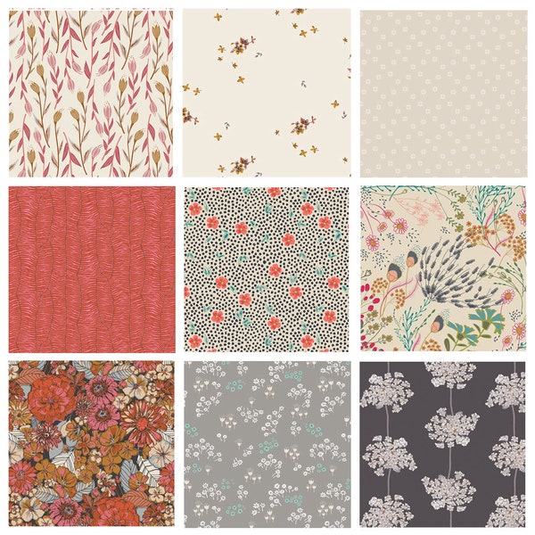 Tea and Biscuits Curated Bundle | Indie Folk Earthen | Gray Gold Red Florals | Various Art Gallery Fabrics Designers and Collections