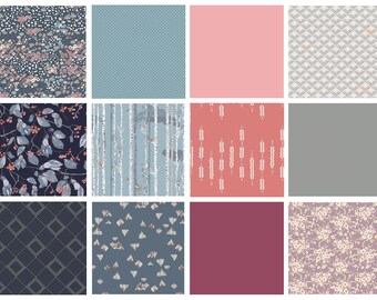 Boho Floral Quilt Bundle | Blue Pink Gray Floral Fabrics | Earthen by Katarina Roccella | Deep Rich Fat Quarters | Half Yard Bundle | AGF