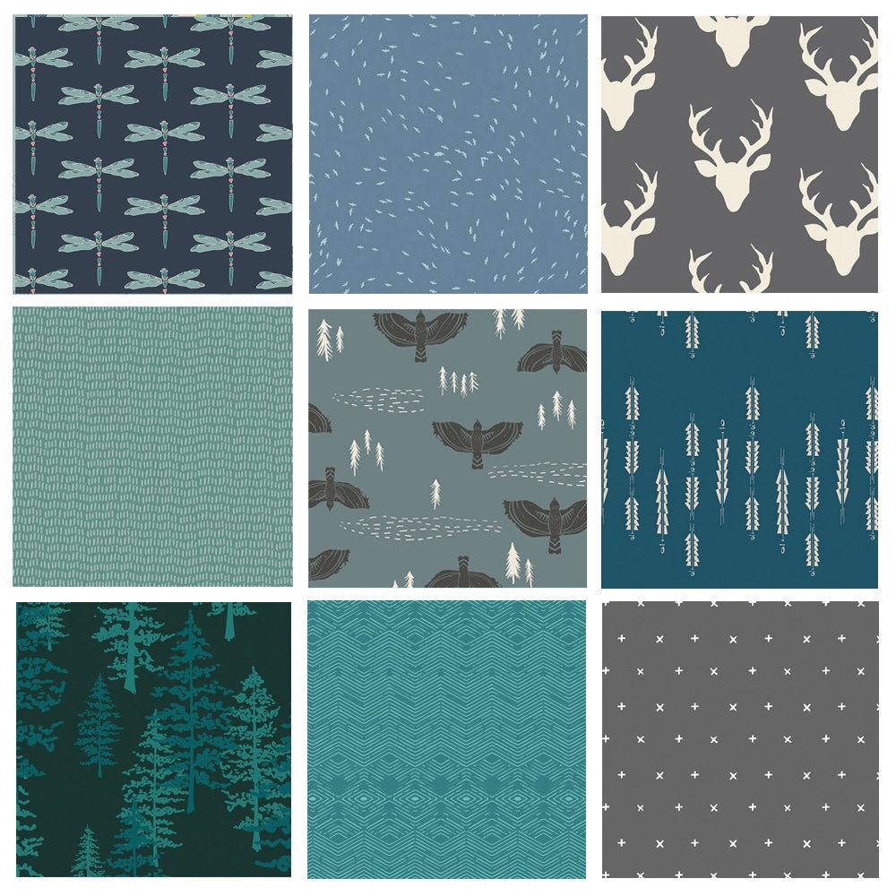 November Morning Custom Bundle Masculine Quilting Fabrics Woodland Fabrics  in Dark Colors Blue Teal Gray Fabric With Deer AGF 
