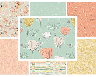 7 FABRIC BUNDLE -  (Mint Peach Yellow) - AGF - Bonnie Christine - Leah Duncan - Pastels Birds Flowers - Quilting Cotton