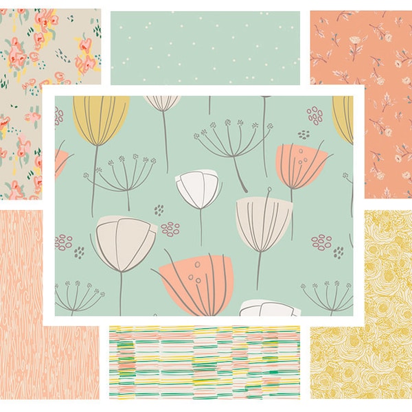 7 FABRIC BUNDLE -  (Mint Peach Yellow) - AGF - Bonnie Christine - Leah Duncan - Pastels Birds Flowers - Quilting Cotton