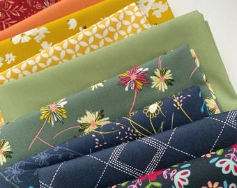 In Abundance Curated Bundle | Gold Navy Green Floral Fabrics | Indie Folk by Pat Bravol | Deep Rich Fat Quarters | Half Yard Bundle | AGF