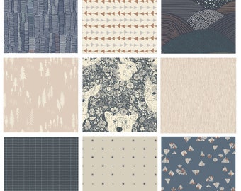 Woodland Bundle with Forest Animals | Fabrics for Boy's Nursery | Navy Gray Beige Deer Fabric | Fat Quarter Bundle | Art Gallery Fabrics