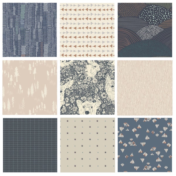 Woodland Bundle with Forest Animals | Fabrics for Boy's Nursery | Navy Gray Beige Deer Fabric | Fat Quarter Bundle | Art Gallery Fabrics