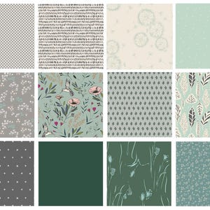 Paquete seleccionado de Greener Pastures / Paquete de edredón floral verde y gris / Pájaros, flores y hojas / Varios diseñadores de galerías de arte