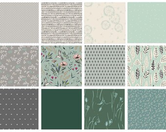Greener Pastures Curated Bundle | Green and Gray Floral Quilt Bundle | Birds Flowers Leaves | Various Art Gallery Designers