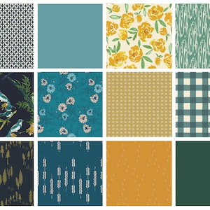 Treetop Melody | Rich Dark Colored Fabric Bundle | Bloomsbury | Modern Floral Fat Quarters with Birds | Art Gallery Fabrics