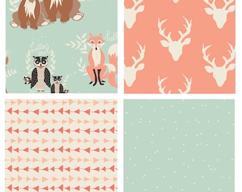 Hello Bear Woodland Quilting Bundle | Peach and Mint Forest Animals Fabrics | Nursery Fabrics | Bonnie Christine | Art Gallery Fabrics