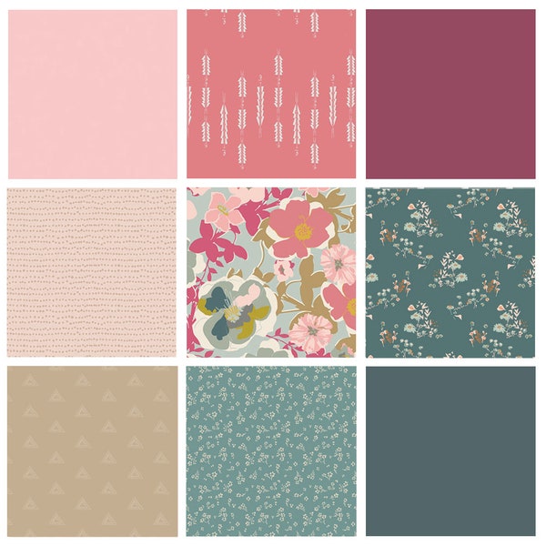 Pines and Peonies Curated Bundle | Pat Bravo | Heartland | Modern Quilting | Pink Green Floral | Various Art Gallery Fabrics