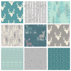 Teal and Gray Woodland Fabric Bundle with Deer | Hello Bear, Blithe Forest Theme Fat Quarters | Buck Head Antlers Arrows | Art Gallery