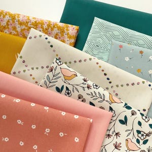 Ginger Meadow Curated Bundle | Gold Jade Blue |  Warm Cool Colors | Quilt Fabrics with Birds | Various Art Gallery Fabrics and Designers