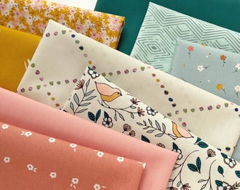 Ginger Meadow Curated Bundle | Gold Jade Blue |  Warm Cool Colors | Quilt Fabrics with Birds | Various Art Gallery Fabrics and Designers