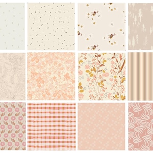 May include: A collection of twelve square fabric swatches featuring various patterns including small dots, floral motifs, pine trees, vertical stripes, gingham checks, and fern leaves in a soft color palette of cream, beige, peach, and dusty pink.