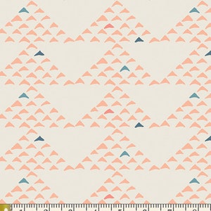 May include: A seamless pattern featuring a repeating design of pink triangles with blue and red accents. The pattern is on a white background.