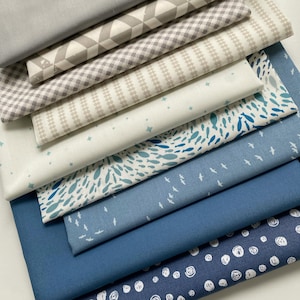 Skipping Stones Curated Bundle | Blue Gray Fabrics with Birds and Fish for Baby Boy's Quilt | Various Art Gallery Fabrics and Designers