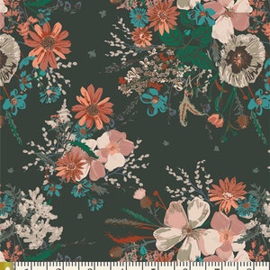 May include: A dark green fabric with a floral pattern featuring pink, orange, and blue flowers. The fabric has a repeating pattern of flowers and leaves.