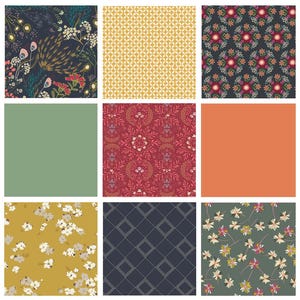 In Abundance Curated Bundle | Gold Navy Green Floral Fabrics | Indie Folk by Pat Bravol | Deep Rich Fat Quarters | Half Yard Bundle | AGF