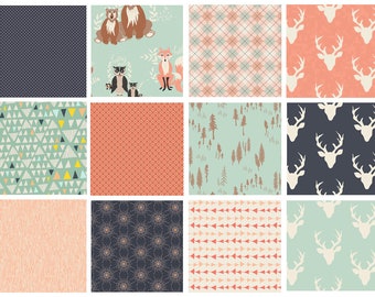 Hello Bear Woodland Quilt Bundle | Navy Mint Peach Deer Arrows Trees | Gender Neutral Fabrics | Bonnie Christine Fabrics | Art Gallery