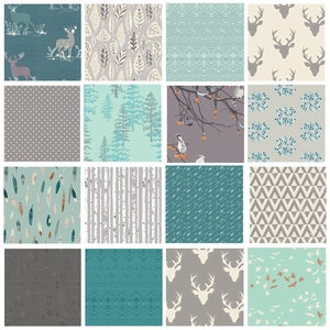 Woodland Quilt Bundle | Gray Teal Hello Bear Bundle | Deer Fabrics for Boy's Room | Forest Animals | Woodland Nursery | 16 Fabrics | AGF