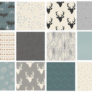May include: A collection of twelve fabric swatches featuring various patterns. Designs include stylized birds, deer heads, arrows, leaves, and geometric shapes. Colors range from teal and gray to beige and cream, offering a diverse selection of textile designs.