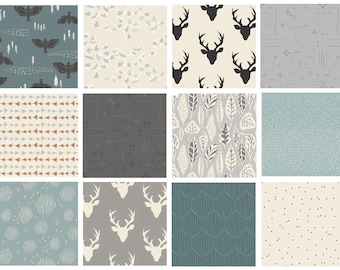 May include: A collection of twelve fabric swatches featuring various patterns. Designs include stylized birds, deer heads, arrows, leaves, and geometric shapes. Colors range from teal and gray to beige and cream, offering a diverse selection of textile designs.