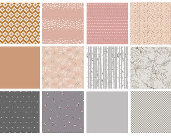 Subtle Pleasures Curated Quilt Bundle | Gray Pink Tan Floral Fabrics | Modern Designs | FQ Half Yard Bundles | Various Art Gallery Designers